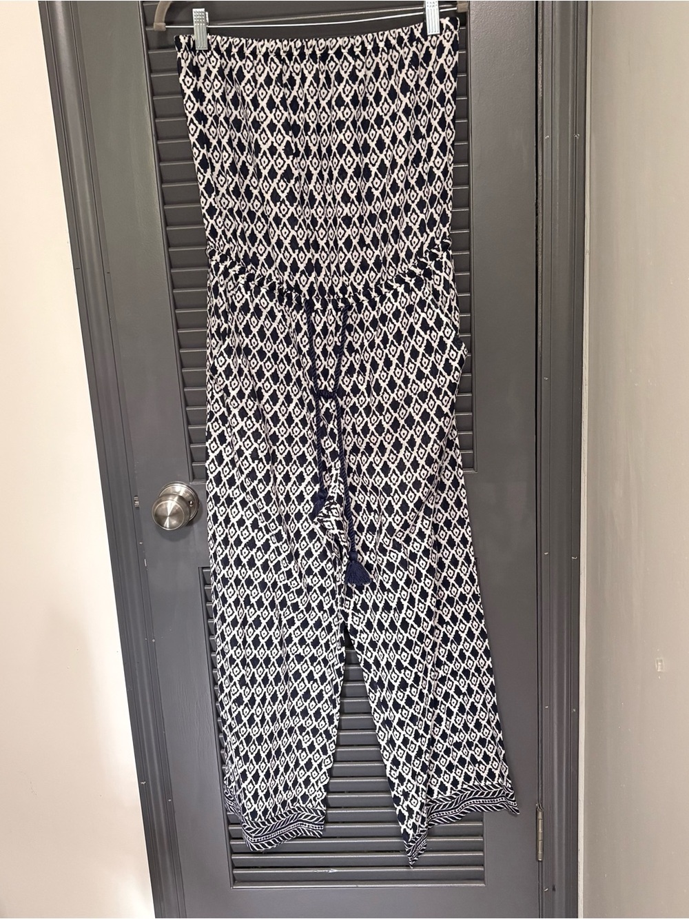 Ann Taylor Linen Blend Blue and White Strapless Printed Jumpsuit